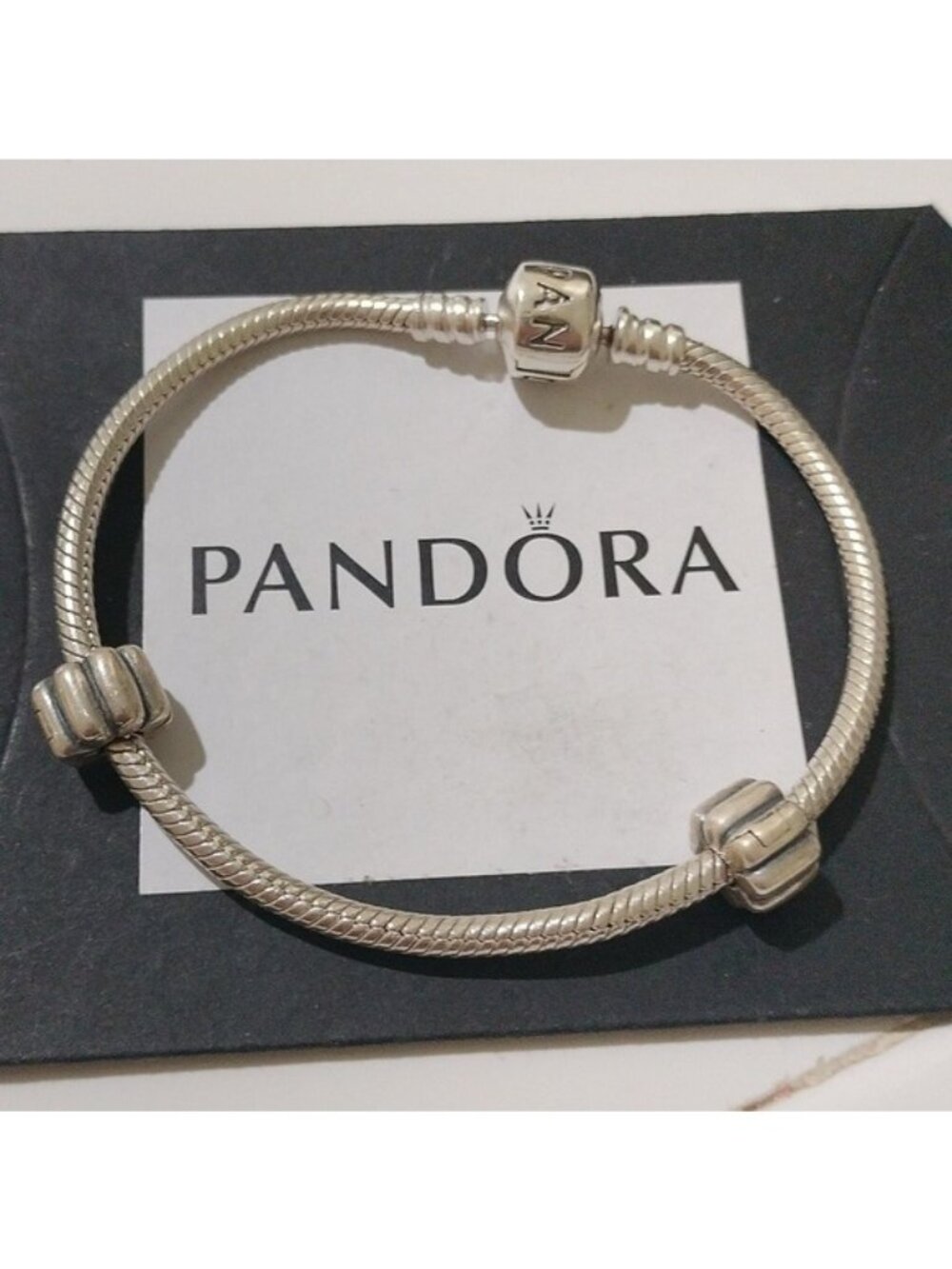 Pandora Sterling Silver 7" Snakechain Starter Bracelet w/ 2 Ribbed Clips 790163